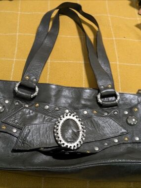 Cromia Studded Army Green Italian Leather Shoulder Tote Bag with Silver Buckle